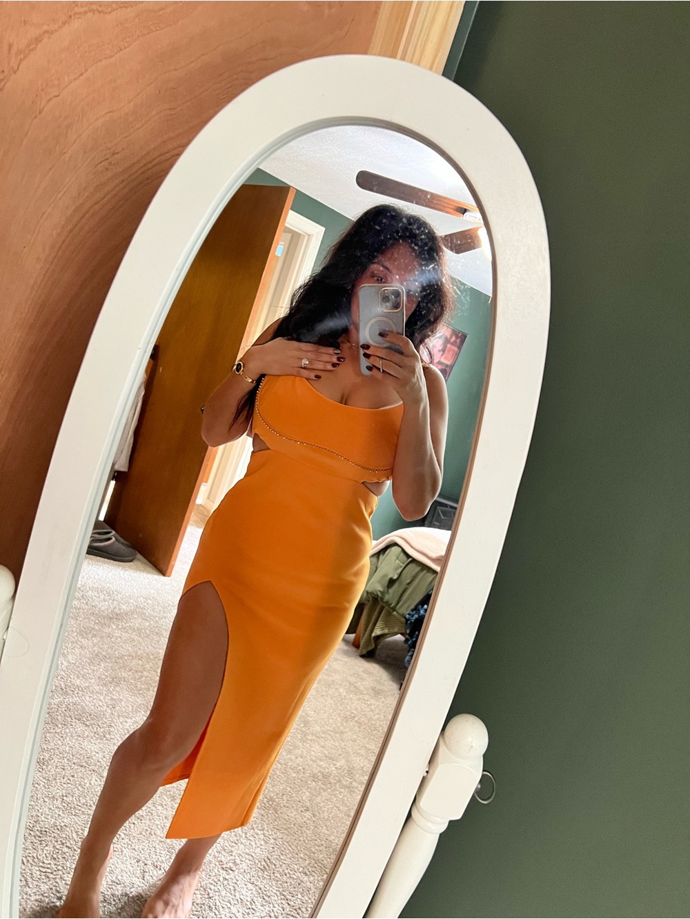 Strappy Orange Asymmetrical Midi Dress with Side Thigh Slit